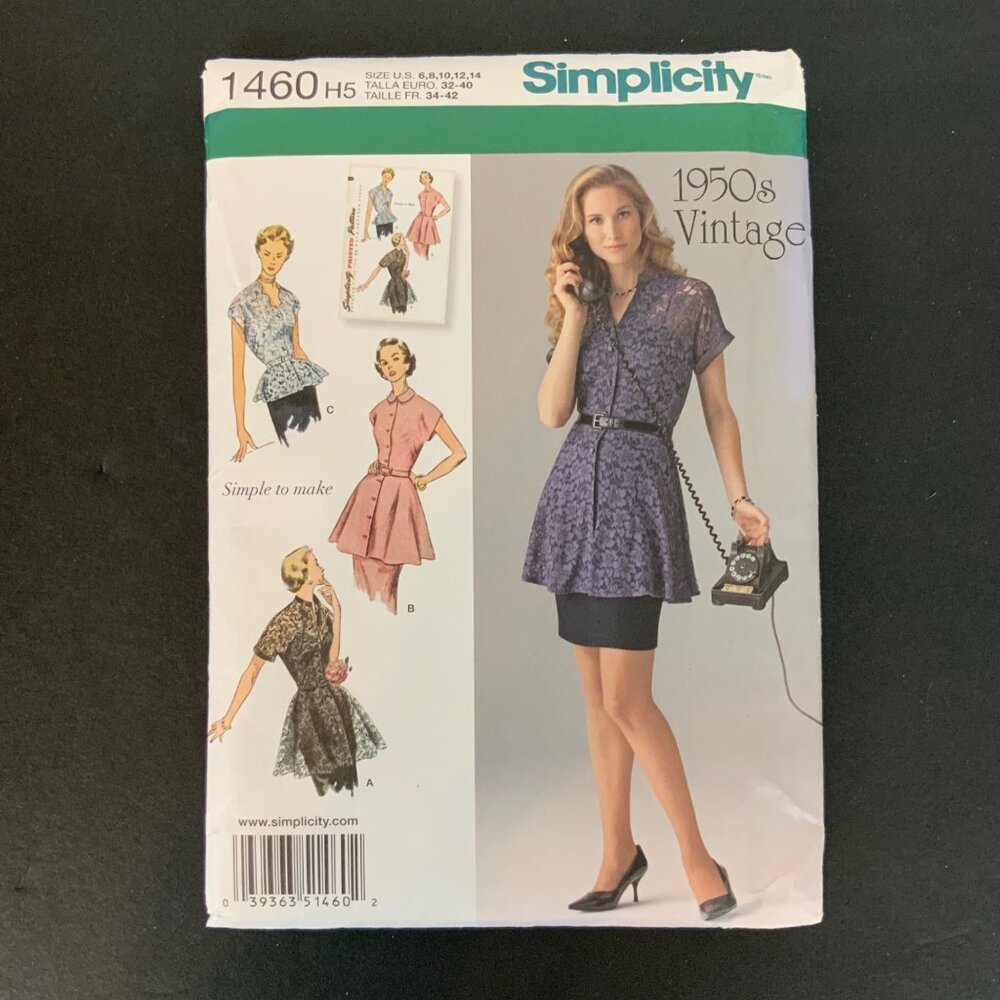 Simplicity 1460 Sewing Pattern Tunic Blouse Sz 6-14 Retro 1950s Style Outfit 201